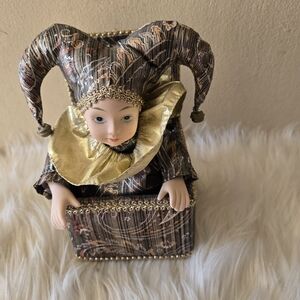Elegant Jester Doll with Gold Accents Musical Box with moving Clown